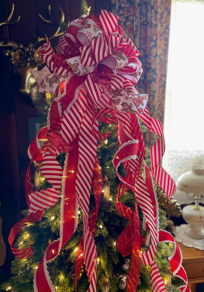 Red & White Gingerbread Christmas Bow - The Ruth, Tree Topper Bow, luxury bow, Christmas tree bow, tree trimming, big red ribbon topper