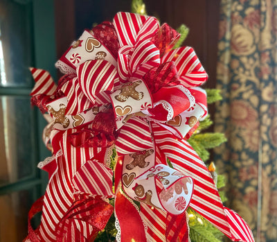 Red & White Gingerbread Christmas Bow - The Ruth, Tree Topper Bow, luxury bow, Christmas tree bow, tree trimming, big red ribbon topper