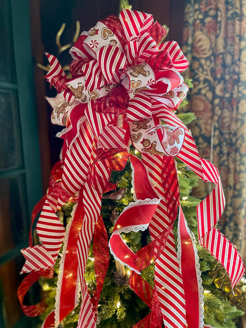 Red & White Gingerbread Christmas Bow - The Ruth, Tree Topper Bow, luxury bow, Christmas tree bow, tree trimming, big red ribbon topper