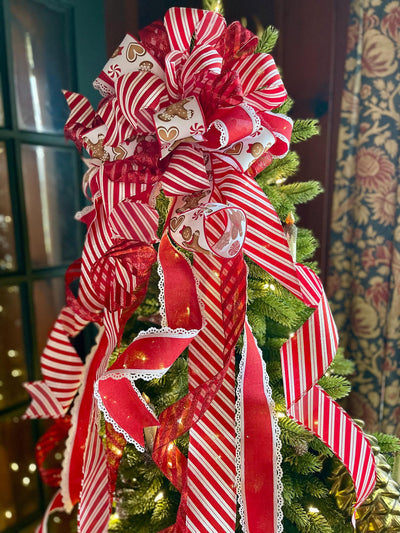 Red & White Gingerbread Christmas Bow - The Ruth, Tree Topper Bow, luxury bow, Christmas tree bow, tree trimming, big red ribbon topper