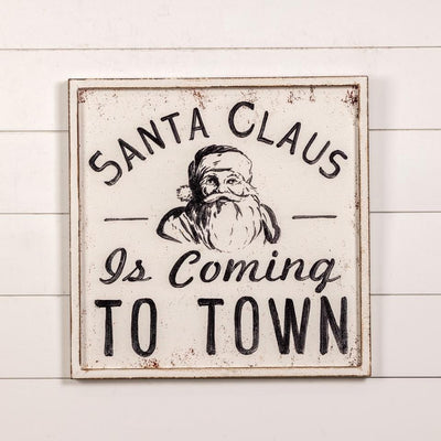 Vintage Style Galvanized Black & White Santa Claus Is Coming To Town Farm Sign, Rustic farmhouse Christmas decor, holiday Cabin sign