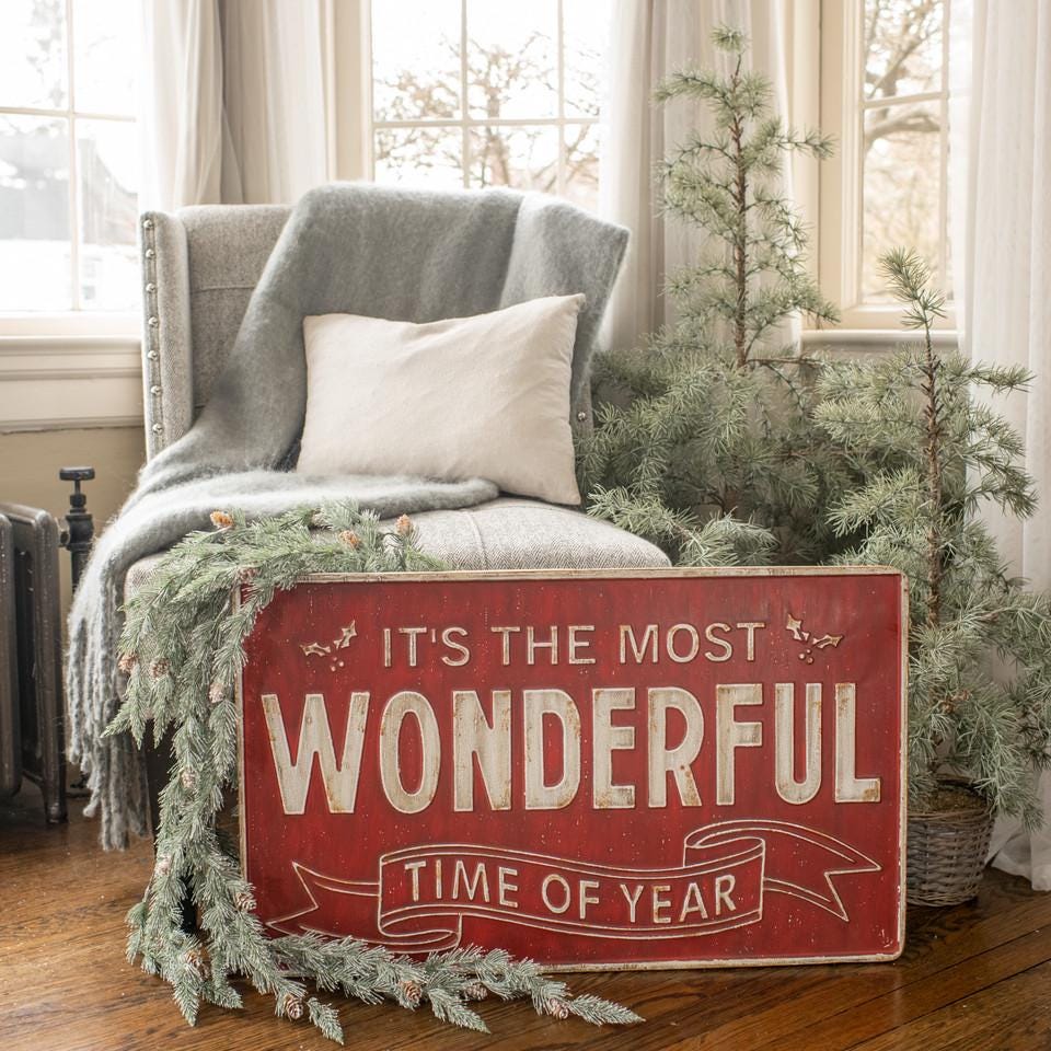 Vintage Style Galvanized Red & White Most Wonderful Time of The Year Farm Sign