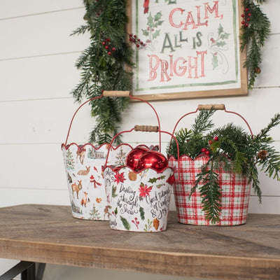 Holiday Scalloped Topped Christmas Tree Galvanized Buckets~Farmhouse painted pails with handle~Xmas galvanized pail with Christmas design