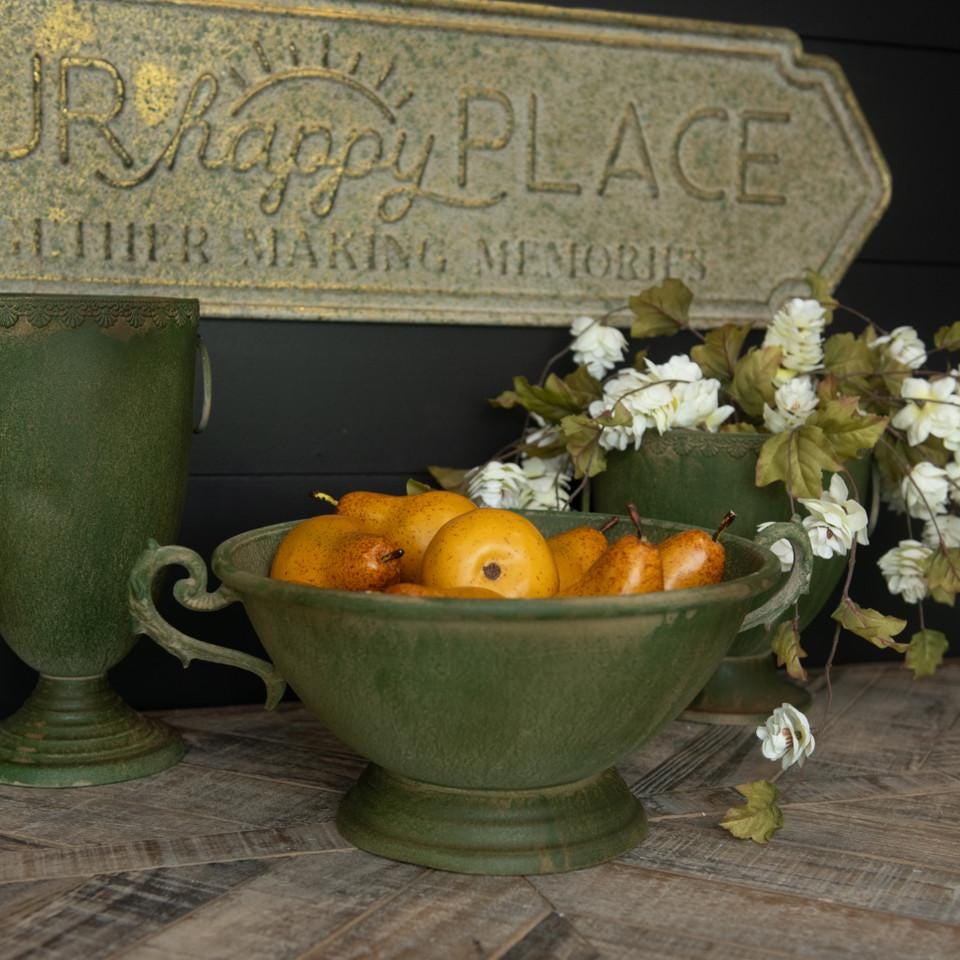 Aged Green Pedestal Bowl With Handles, Metal Urn distressed compote, Cottage Style textured urn, farmhouse compote for floral arrranging