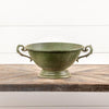 Aged Green Pedestal Bowl With Handles, Metal Urn distressed compote, Cottage Style textured urn, farmhouse compote for floral arrranging