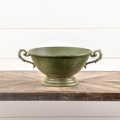Aged Green Pedestal Bowl With Handles