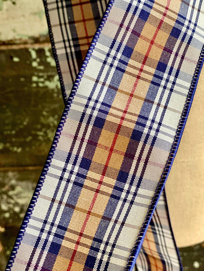 White Navy Blue & Beige Plaid Wired Ribbon 2.5" x 10 YARD ROLL, All season ribbon, farmhouse ribbon, cottage ribbon, Craft supply,Bow making