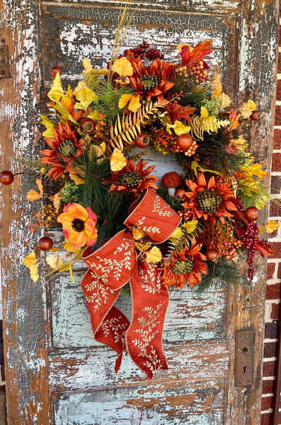 The Maple Cottage Fall Wreath For Front Door, Yellow, Orange & Russet Autumn Wreath, country wreath, Farmhouse mushroom wreath