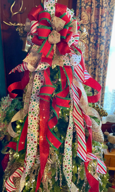 The Wendy Red White & Green Christmas Tree Topper Bow, whimsical bow for tree, polka dot christmas bow, tree trimming bow, XL tree bow