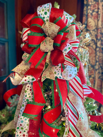 The Wendy Red White & Green Christmas Tree Topper Bow, whimsical bow for tree, polka dot christmas bow, tree trimming bow, XL tree bow