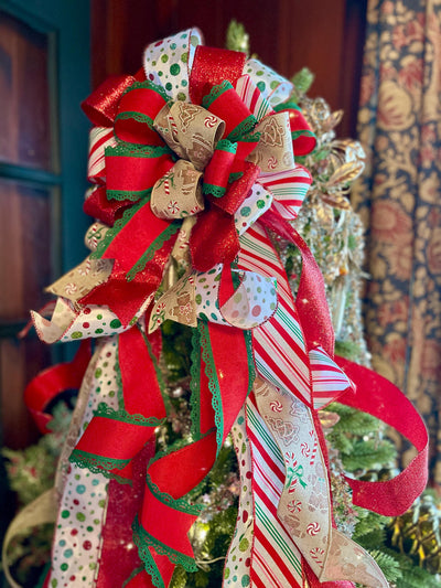 The Wendy Red White & Green Christmas Tree Topper Bow, whimsical bow for tree, polka dot christmas bow, tree trimming bow, XL tree bow