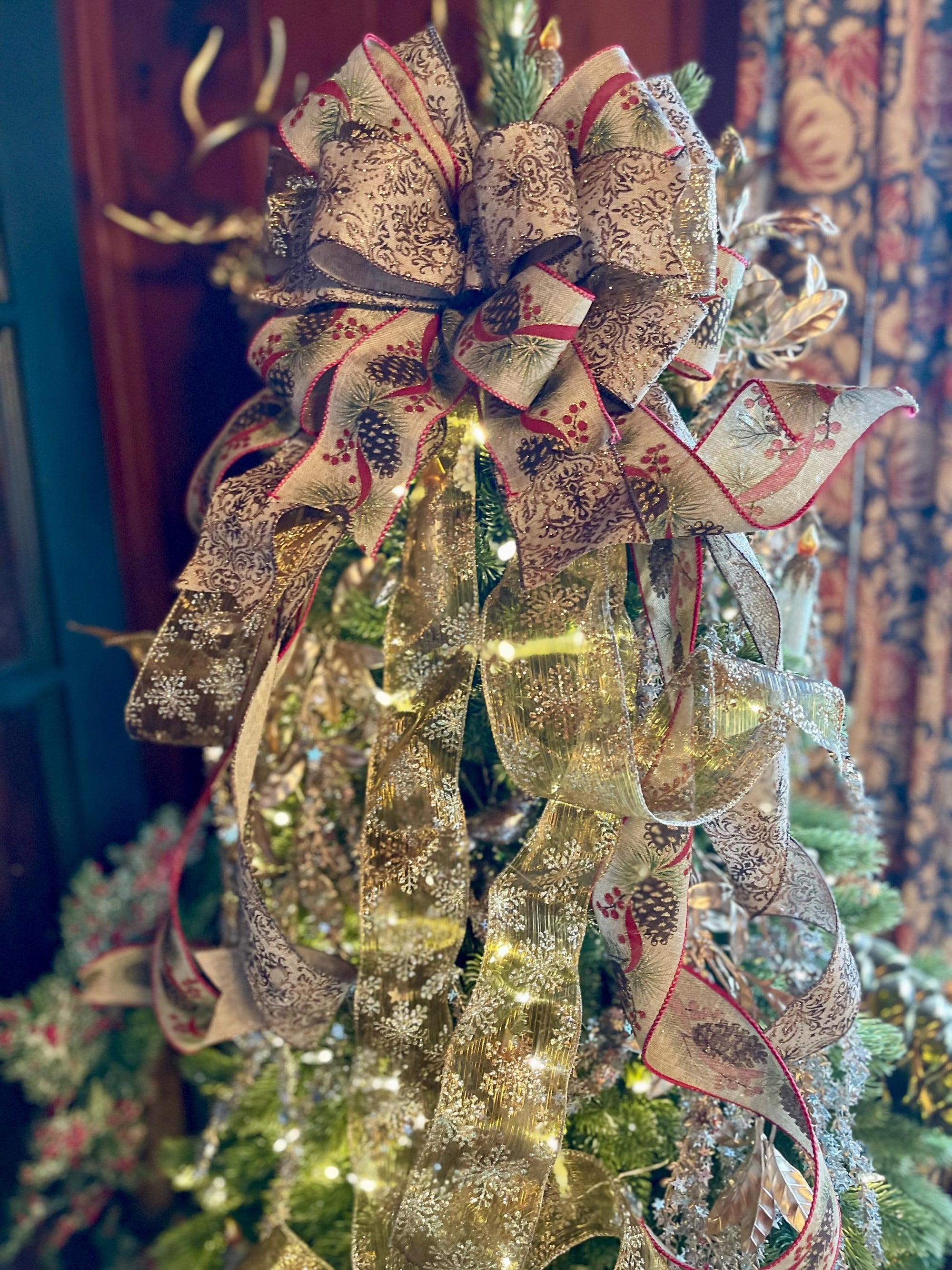 The Balsam Gold Christmas Tree Topper Bow, Pinecone bow topper, Xmas Bow for wreaths,Farmhouse bow,Christmas Decor,Mailbox Bow,Lantern Bow