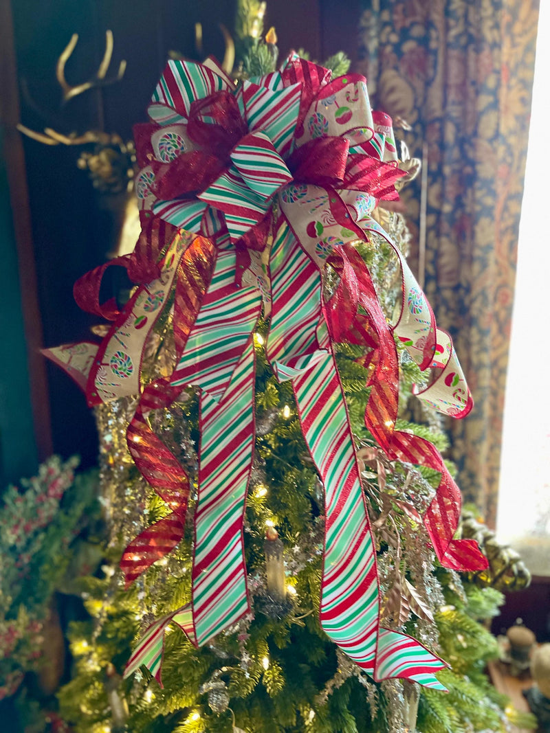 The Katie Red & White Gingerbread Christmas Tree Topper Bow, Tree trimming bow, Christmas wreath bow, Christmas tree bow, whimsical bow