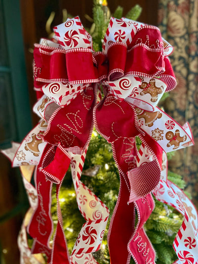 The Ginnifer Red & White Gingerbread Christmas Tree Topper Bow:XL luxury bow