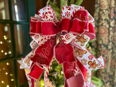 The Ginnifer Red & White Gingerbread Christmas Tree Topper Bow:XL luxury bow