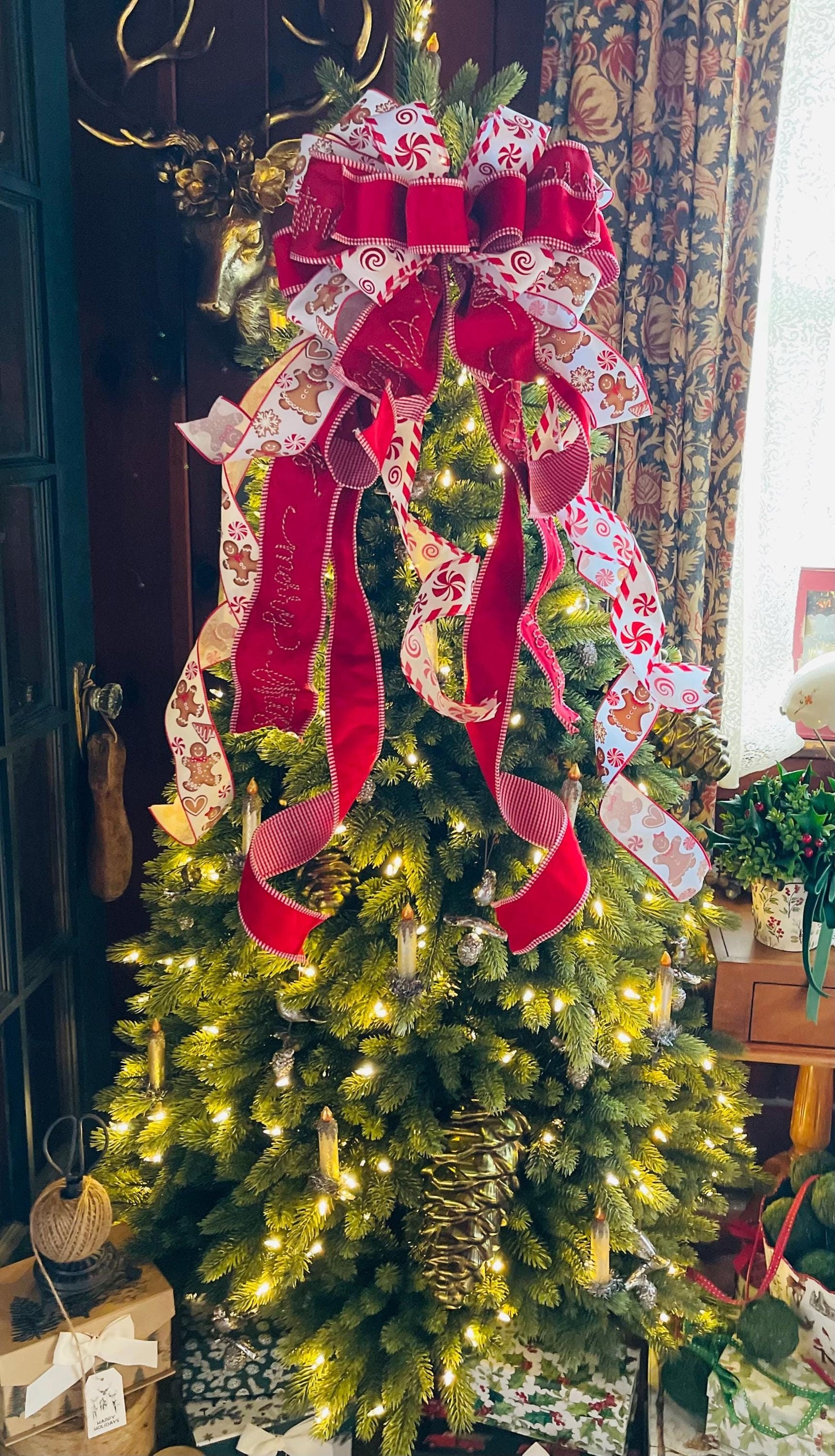 The Ginnifer Red & White Gingerbread Christmas Tree Topper Bow:XL luxury bow