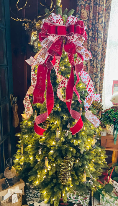 The Ginnifer Red & White Gingerbread Christmas Tree Topper Bow:XL luxury bow