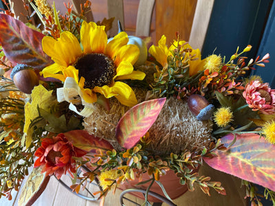 The Peggy Fall Wagon Centerpiece For Table, Summer fall arrangement, Rustic arrangement, Orange green autumn centerpiece