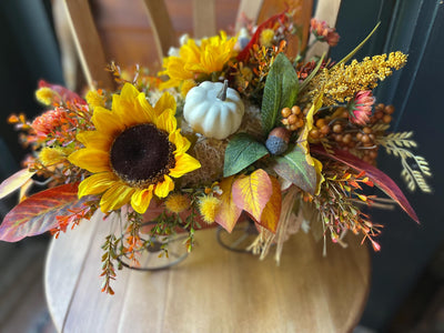 The Peggy Fall Wagon Centerpiece For Table, Summer fall arrangement, Rustic arrangement, Orange green autumn centerpiece