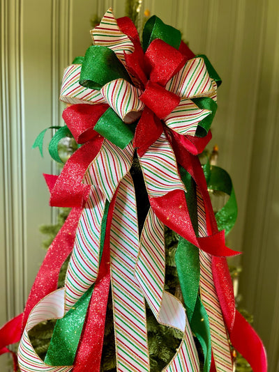 The Crystal Red Green White & Gold Christmas Tree Topper Bow