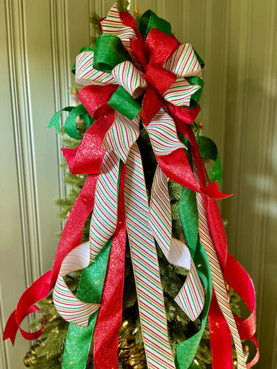 The Crystal Red Green White & Gold Christmas Tree Topper Bow, Bow topper for christmas tree, Xmas bow, ribbon tree topper, tree trimming bow