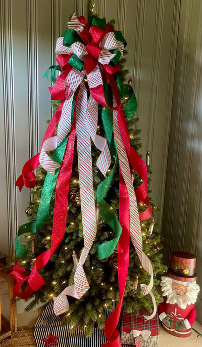 The Crystal Red Green White & Gold Christmas Tree Topper Bow