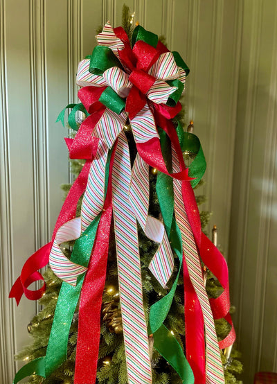 The Crystal Red Green White & Gold Christmas Tree Topper Bow