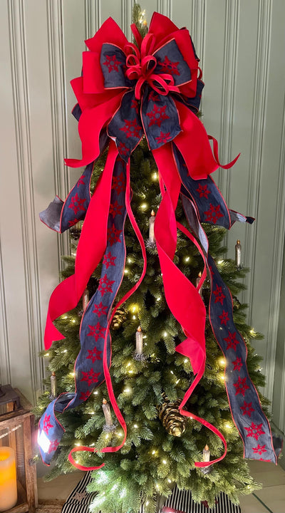 The Diana Red & Navy Blue Snowflake Christmas Tree Topper Bow