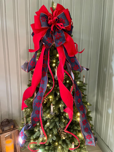 The Diana Red & Navy Blue Snowflake Christmas Tree Topper Bow