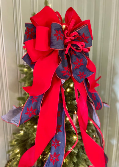 The Diana Red & Navy Blue Snowflake Christmas Tree Topper Bow