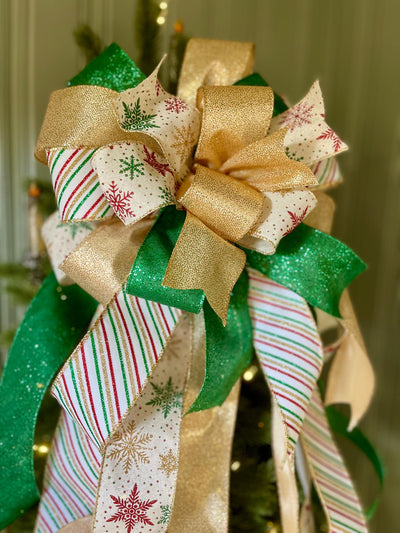 The Cynthia Green White & Gold Retro Christmas Tree Topper Bow, Bow topper for christmas tree, Xmas bow, ribbon tree topper, tree trimming