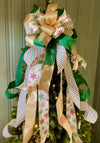 The Cynthia Green White & Gold Retro Christmas Tree Topper Bow, Bow topper for christmas tree, Xmas bow, ribbon tree topper, tree trimming