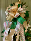 The Cynthia Green White & Gold Retro Christmas Tree Topper Bow, Bow topper for christmas tree, Xmas bow, ribbon tree topper, tree trimming