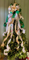 The Cynthia Green White & Gold Retro Christmas Tree Topper Bow, Bow topper for christmas tree, Xmas bow, ribbon tree topper, tree trimming