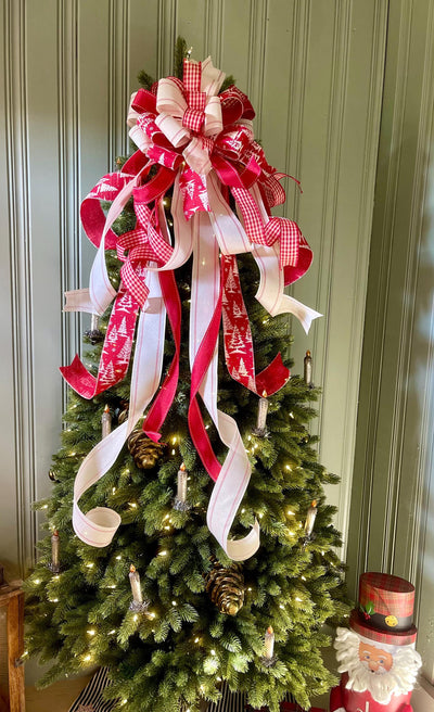 The Adrian Red & Cream Christmas Tree Topper Bow, Check plaid Bow, Xmas bow, tree trimming bow, XL tree topper bow