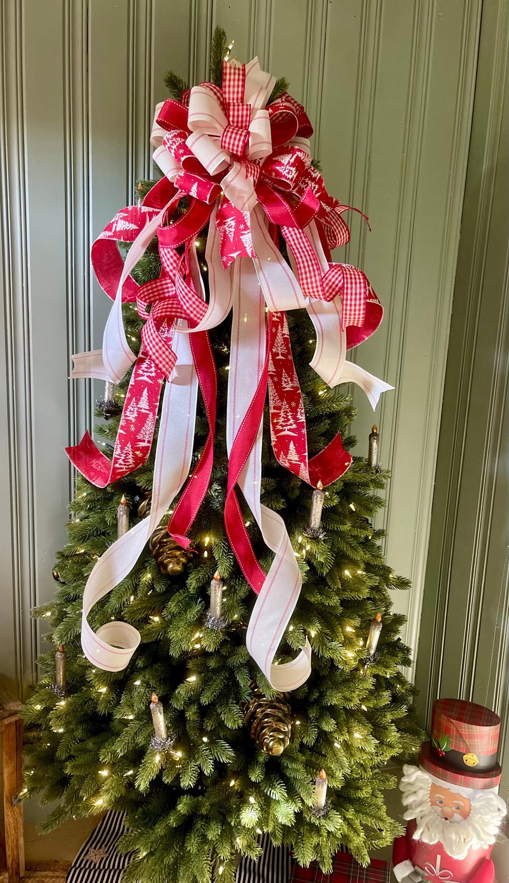 The Adrian Red & Cream Christmas Tree Topper Bow, Check plaid Bow, Xmas bow, tree trimming bow, XL tree topper bow