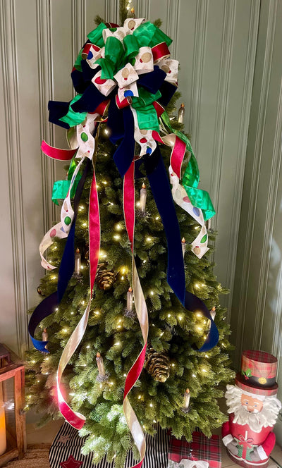 The Lita Red Navy & Green Vintage Style Christmas Tree Topper Bow