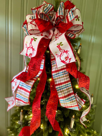 The Joy Red Blue & White Christmas Tree Topper Bow