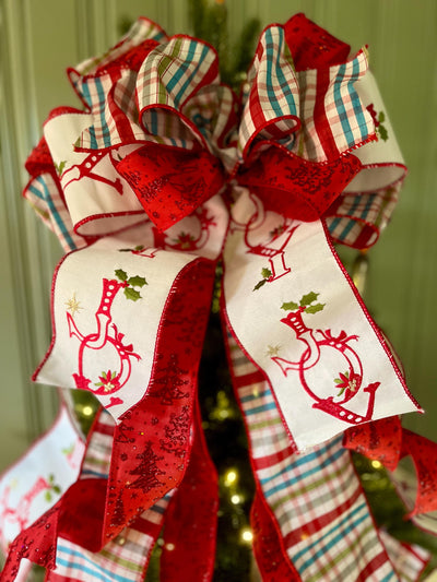 The Joy Red Blue & White Christmas Tree Topper Bow