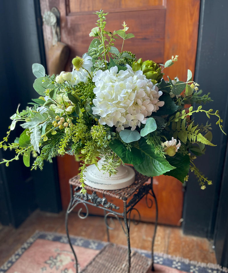 The Kinley White Distressed Metal Pedestal Stand,Farmhouse candle stand~shabby chic decor~small tray stand~Cottage decor