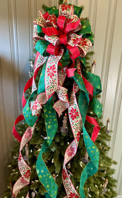 The Nicolette Red & Green Christmas Tree Topper Bow, cottage bow, modern farmhouse, long streamer, Xmas bow, Poinsettia tree trimming bow