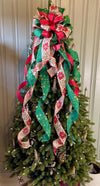 The Nicolette Red & Green Christmas Tree Topper Bow, cottage bow, modern farmhouse, long streamer, Xmas bow, Poinsettia tree trimming bow