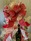 The Lila Red Green & Gold Christmas Tree Topper Bow, Bow for Christmas tree, bow for wreaths, long streamer bow, cottage style bow