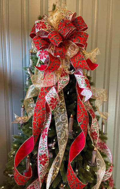 The Lila Red Green & Gold Christmas Tree Topper Bow, Bow for Christmas tree, bow for wreaths, long streamer bow, cottage style bow