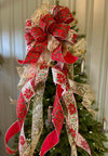 The Lila Red Green & Gold Christmas Tree Topper Bow, Bow for Christmas tree, bow for wreaths, long streamer bow, cottage style bow