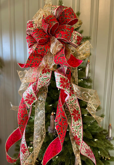 The Lila Red Green & Gold Christmas Tree Topper Bow, Bow for Christmas tree, bow for wreaths, long streamer bow, cottage style bow