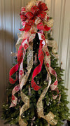 The Lila Red Green & Gold Christmas Tree Topper Bow, Bow for Christmas tree, bow for wreaths, long streamer bow, cottage style bow