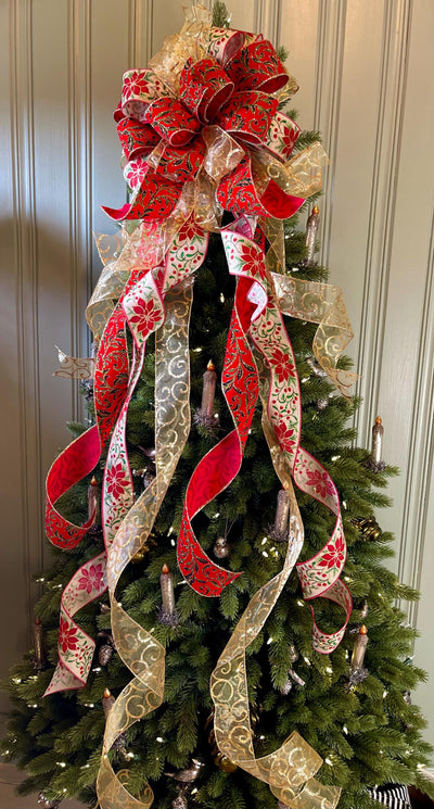 The Lila Red Green & Gold Christmas Tree Topper Bow, Bow for Christmas tree, bow for wreaths, long streamer bow, cottage style bow