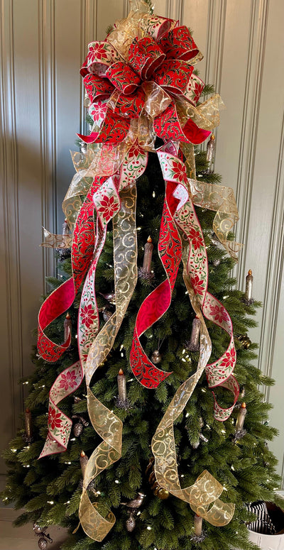 The Lila Red Green & Gold Christmas Tree Topper Bow, Bow for Christmas tree, bow for wreaths, long streamer bow, cottage style bow