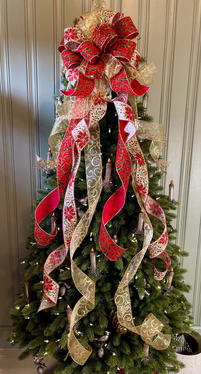 The Lila Red Green & Gold Christmas Tree Topper Bow, Bow for Christmas tree, bow for wreaths, long streamer bow, cottage style bow